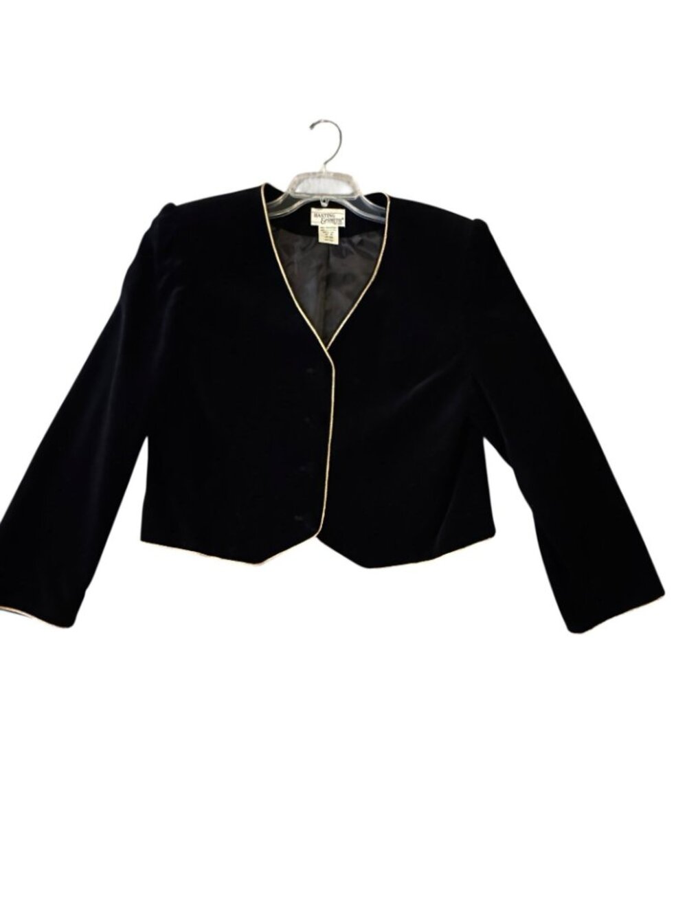 Black Velvet Bolero Jacket Women's Size 14 Gold Piping Lined Buttons Vintage 90s - Picture 3 of 15